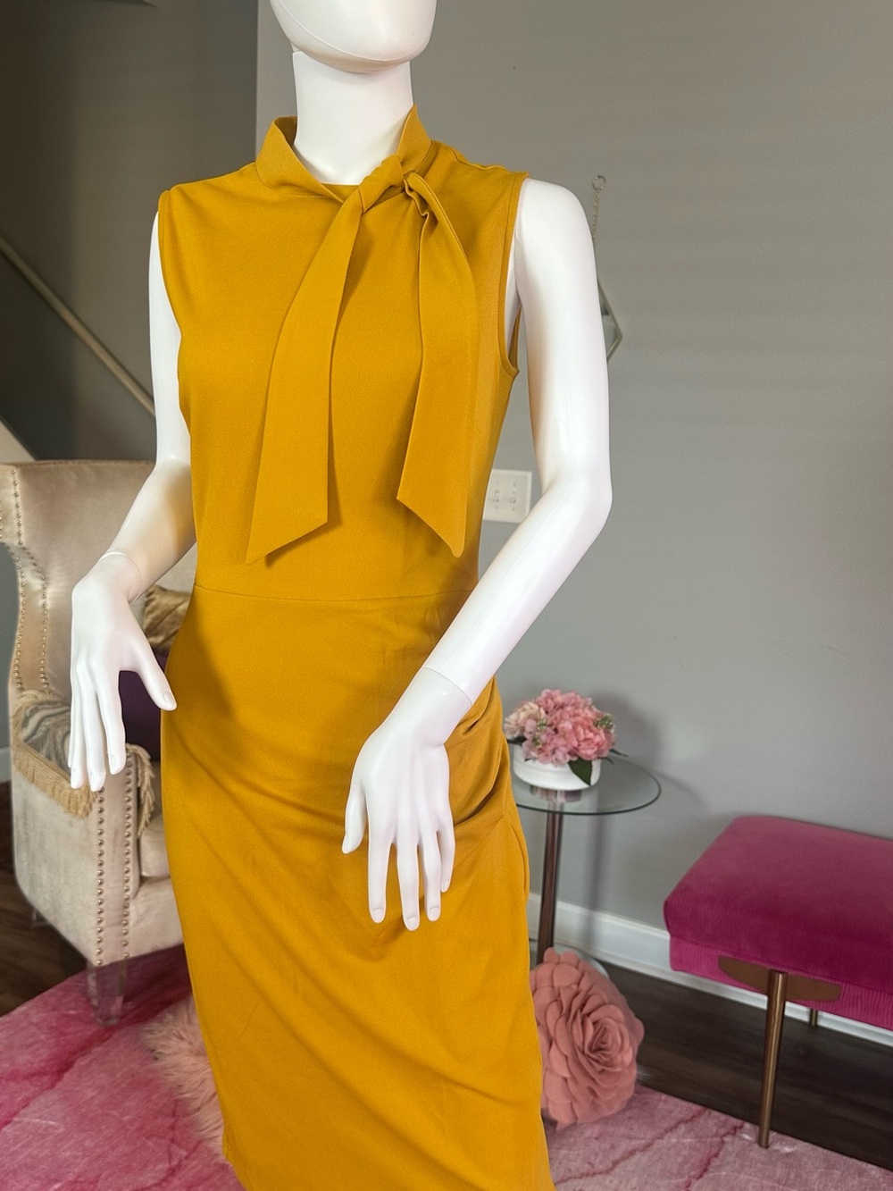 MIUSOL Sleeveless Tie-Neck Mustard Women’s Dress